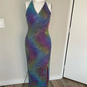 Adriana Papell evening gown floral unicorn print